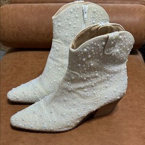 Betsy Johnson Embellished Glass Stone Pearl Cream Western Ankle Boots